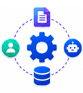 Illustration of system integration: central gear linked to document, user, bot, and database icons.