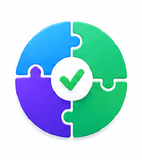 Colorful four-piece puzzle forming a circle with a green checkmark in the center, symbolizing completion or verification.