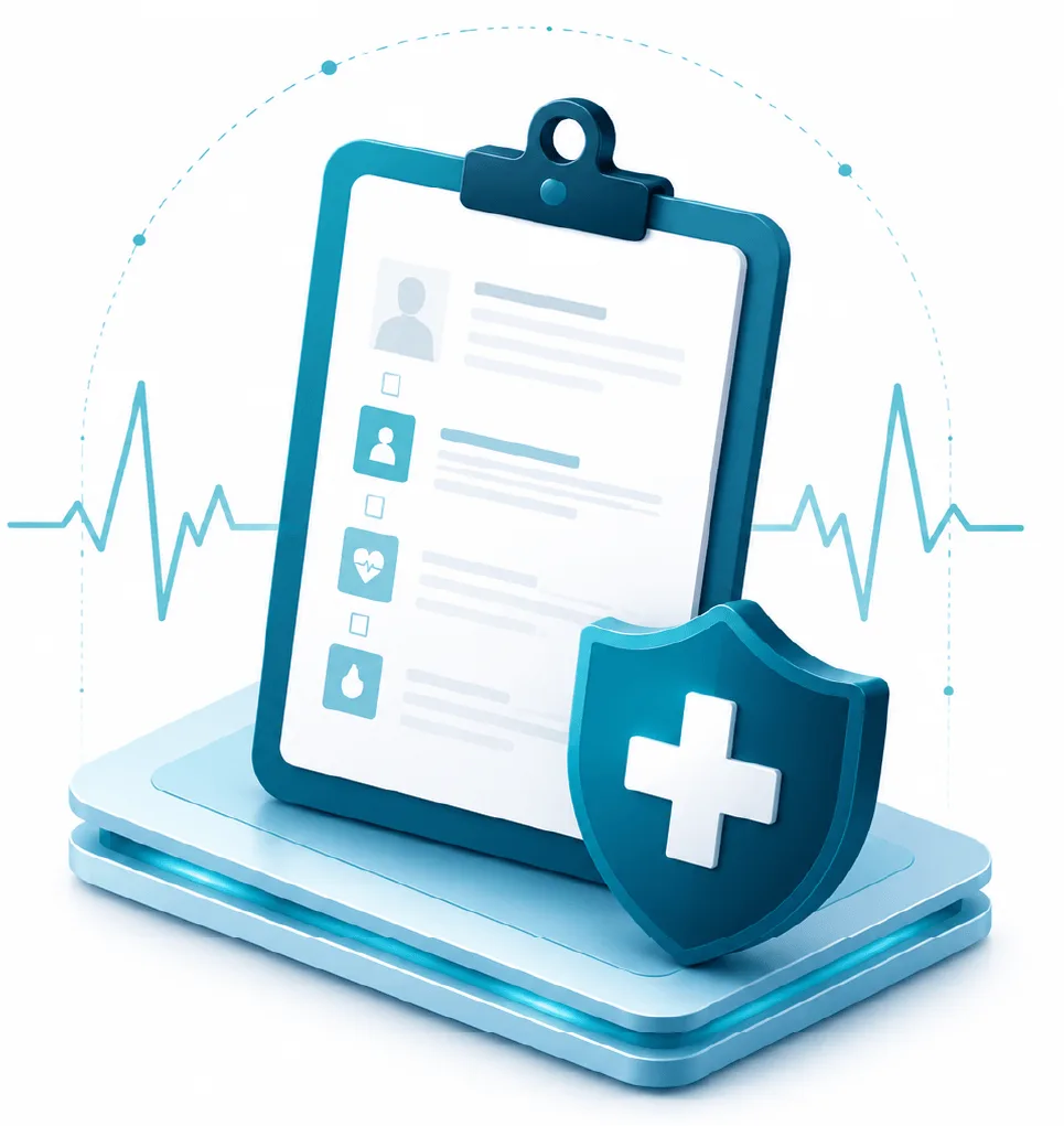 Clipboard with a medical chart on a blue shield, symbolizing health data protection and security.