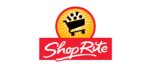 ShopRite logo: red banner with white script beneath a yellow sunburst circle featuring a black shopping cart