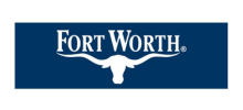 Fort Worth logo: white wordmark with a longhorn silhouette on a dark blue background.