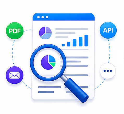 Analytics report with magnifying glass highlighting charts and graphs, surrounded by PDF, API, and email icons.