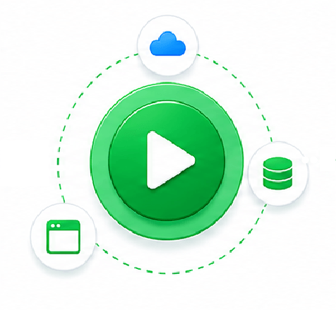 Green circular play button at center connected to cloud, database, and a web window by a dotted green ring, suggesting media playback and cloud/data integration.