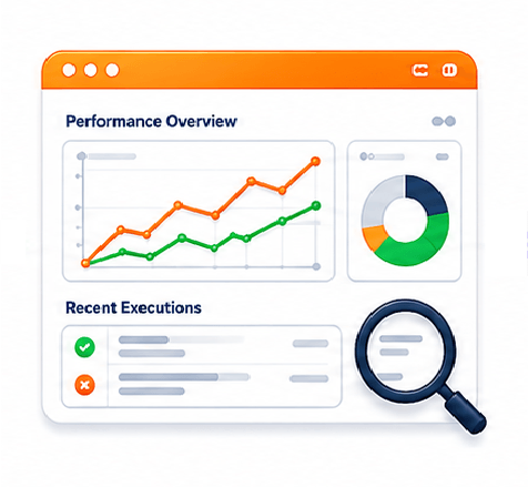 Dashboard-style UI: Performance Overview with orange/green line chart and a ring chart, plus a Recent Executions panel with status icons and a magnifying glass search tool