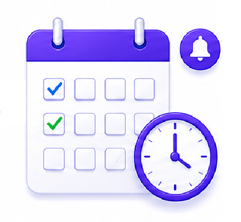 Isometric calendar with two checked days, a clock showing time, and a notification bell nearby (scheduling/reminder context).