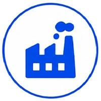 Blue factory icon inside a circular blue border, suggesting manufacturing or industry.