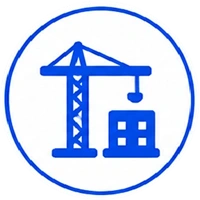 Blue construction crane lifting a building inside a circular blue badge logo.