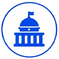 Circular blue badge showing a classical government building with a domed capitol and columns, inside a blue ring.