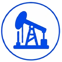 Blue oil pump jack silhouette inside a circular blue border, like a badge icon.
