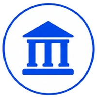 Blue circular icon depicting a classical bank or government building with four columns and a triangular pediment.