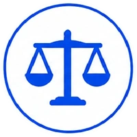 Blue scales of justice inside a circular blue outline, symbolizing fairness and the legal system.