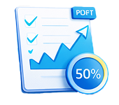 Progress infographic with a checklist, rising chart, and a blue 50% progress badge indicate half completion.