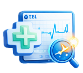 Healthcare data analytics icon showing a computer screen with a heartbeat graph and a medical plus symbol