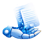 Blue futuristic robotic hand holding a stack of papers with bullet points, representing document handling or sharing.