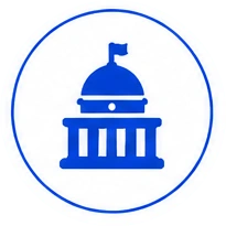 Blue capitol building icon with a dome and flag, inside a circular blue-bordered badge.