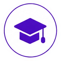 Purple graduation cap icon inside a circular white badge with a purple border, representing education or achievement.