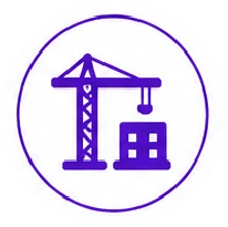 Purple crane icon lifting a building block inside a circular purple badge (logo-style)
