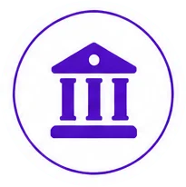 Icon of a classical government/building with three columns in a purple circle border, representing an institution.