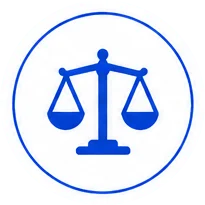 Blue scales of justice icon centered in a circular blue border, symbolizing fairness and the legal system.