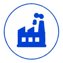Blue factory icon inside a circular badge.