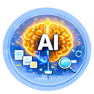 Round blue badge with a glowing brain and the letters 'AI', surrounded by chat bubbles and icons, symbolizing artificial intelligence.