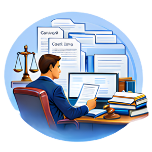 Attorney at a desk reviewing documents on a computer, with legal papers, books, and scales of justice nearby.