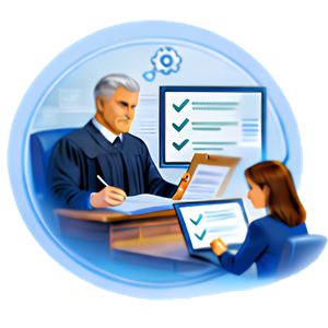 Two professionals collaborate at a desk, reviewing documents and checklists on screens in an office setting.