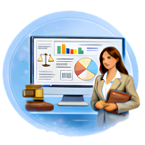Businesswoman beside a monitor showing charts and graphs, with a gavel and legal books suggesting legal analytics or law firm work