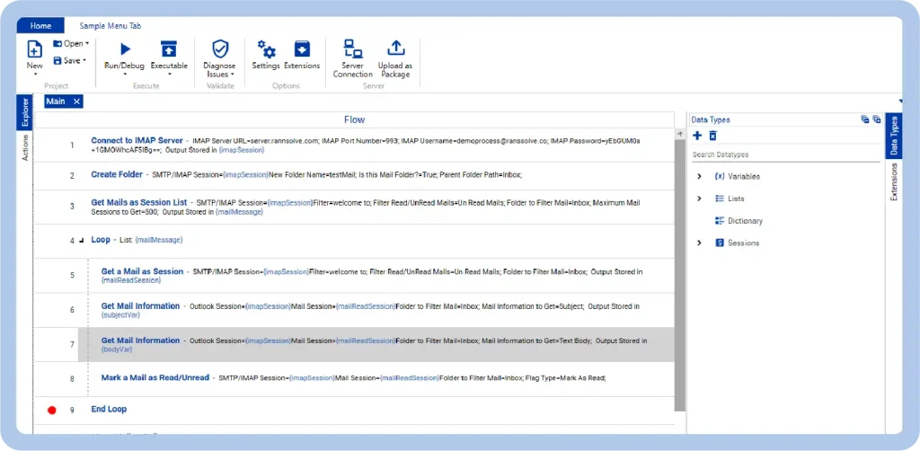 Screen capture of a flow editor showing an IMAP mail workflow: Connect to IMAP Server, Create Folder, Get Mails, Loop, and End Loop with a right-side Data Types panel