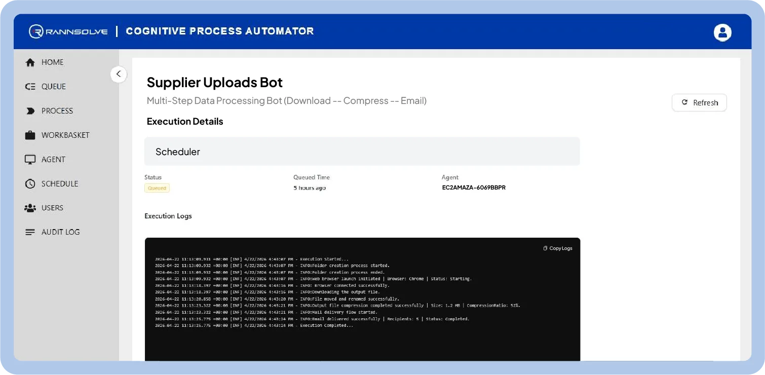 Dashboard view of the Supplier Uploads Bot in the Cognitive Process Automator, with left navigation, execution details, and a logs panel.