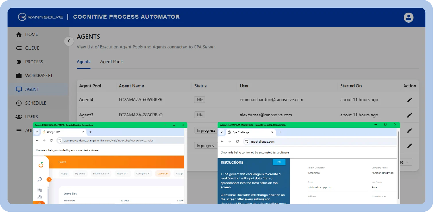 Dashboard screen of Cognitve Process Automator showing Agents list with pool, agent names, statuses, users, start times, and edit actions; left navigation menu visible; two in-progress task windows overlaid.