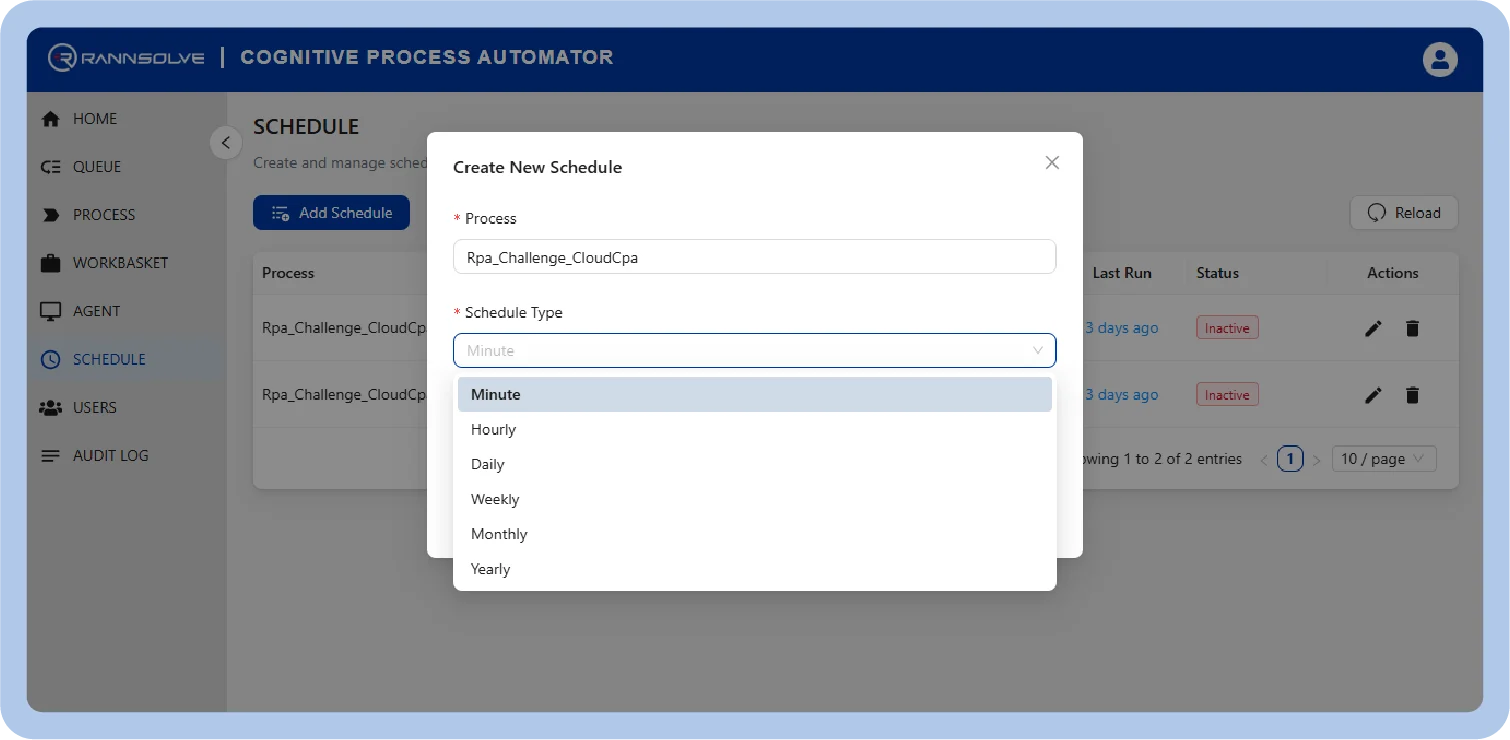 Create New Schedule modal open on a dashboard, showing Process field and Schedule Type dropdown with options (Minute, Hourly, Daily, Weekly, Monthly, Yearly).