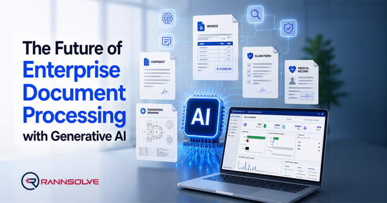 AI-powered enterprise document processing with floating documents around a glowing AI cube and a laptop showing dashboards, text reads 'The Future of Enterprise Document Processing with Generative AI'
