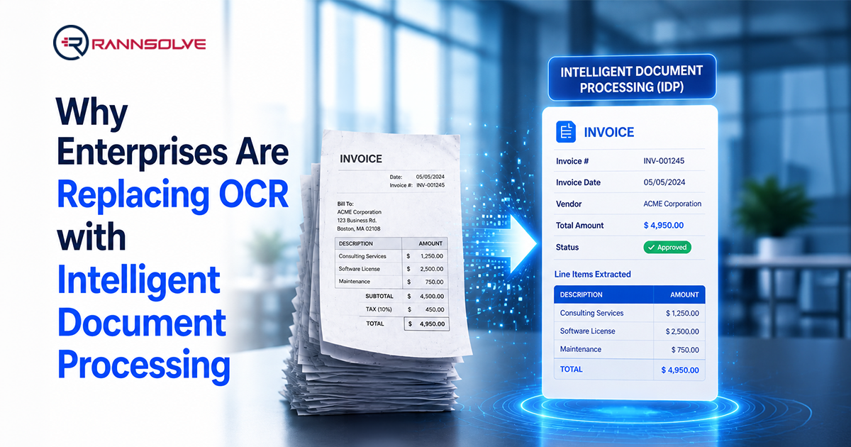 Graphic showing the shift from OCR to Intelligent Document Processing for enterprises, with stacked invoices converting to a digital IDP interface in blue glow.