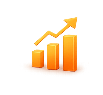 ai-services-icon-1webp - Rannsolve - Rannsolve Orange 3D bar chart with three rising bars and an upward arrow, representing growth in metrics.