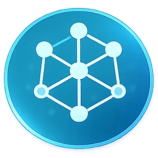 ai-services-icon-12webp - Rannsolve - Rannsolve Blue circular icon with a white network graph: a central node connected to six outer nodes, symbolizing a network or blockchain.