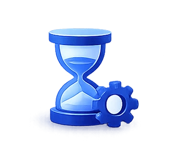 ai-services-icon-13webp - Rannsolve - Rannsolve Blue hourglass with a gear, symbolizing processing or system maintenance in progress.