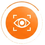 ai-services-icon-3webp - Rannsolve - Rannsolve Circular orange badge with a stylized eye inside a square focus frame, signaling vision/accessibility feature.