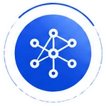 ai-services-icon-4webp - Rannsolve - Rannsolve Blue circular icon with a white interconnected network of six nodes connected by lines on a blue background