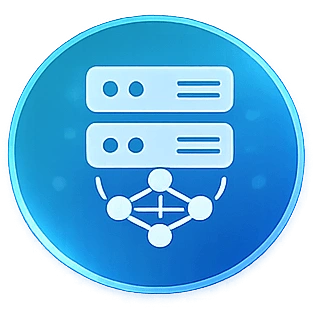 ai-services-icon-7webp - Rannsolve - Rannsolve Blue circular icon showing two stacked server racks connected to a network hub, symbolizing data center hosting or server-based networking.