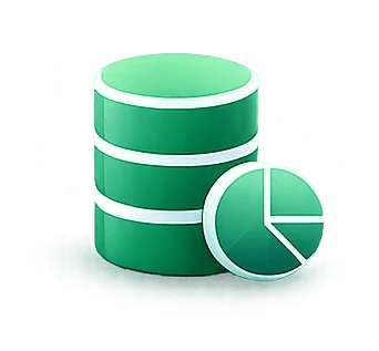 ai-services-icon-9webp - Rannsolve - Rannsolve Green database icon (two stacked cylinders) with a circular pie-chart overlay, representing data analytics and storage.