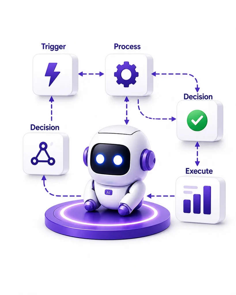 AI robot at a purple workflow diagram showing Trigger, Process, Decision, and Execute steps in a cycle.