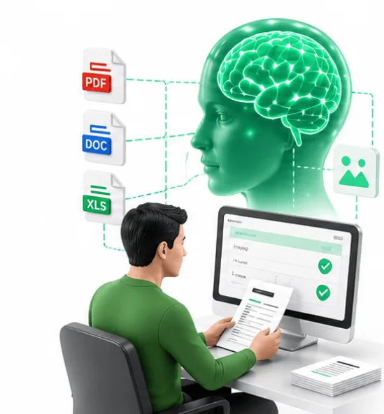 Person at a desk uses AI-powered document processing; a green brain hologram links PDF, DOC, and XLS files to the computer screen.
