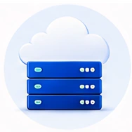 home_icon_enterprise_5 - Rannsolve Three blue server racks stacked in front of a white cloud icon, representing cloud storage or cloud servers.