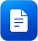 Document icon button on a blue rounded square background, representing a document action