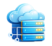 icon2-1png - Rannsolve - Rannsolve Blue cloud icon connected to stacked servers, representing cloud storage and data hosting.